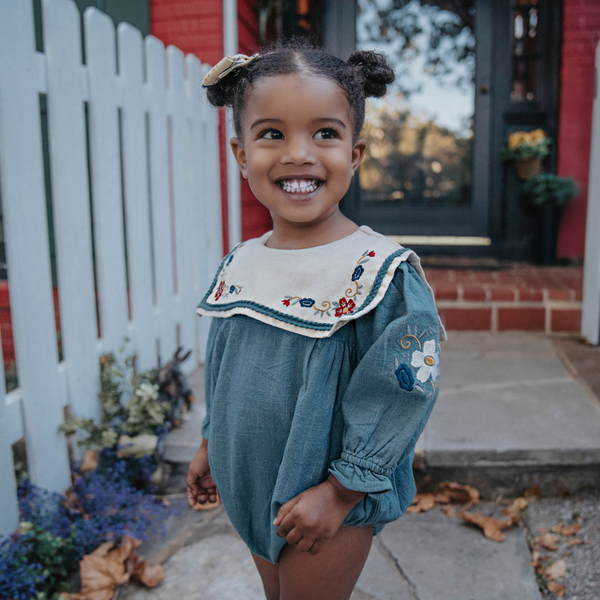 LITTLE KAYLA ROMPER, TEAPOT BLUE WITH GARDEN EMBROIDERY