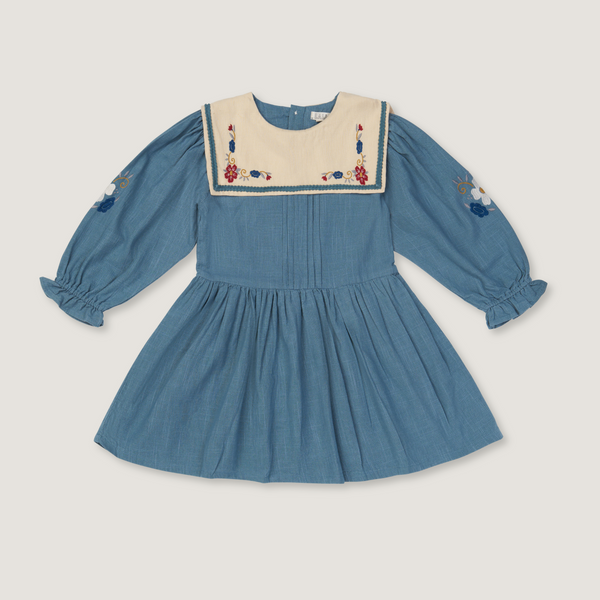 KAYLA DRESS, TEAPOT BLUE WITH GARDEN EMBROIDERY