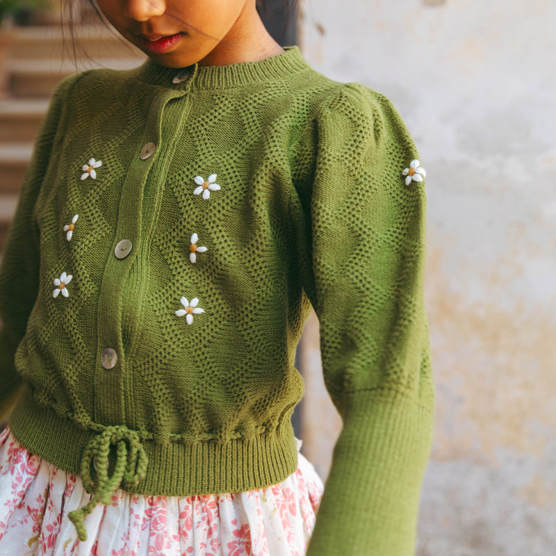 MOSS CARDIGAN, OLIVE GREEN AND OPALINE