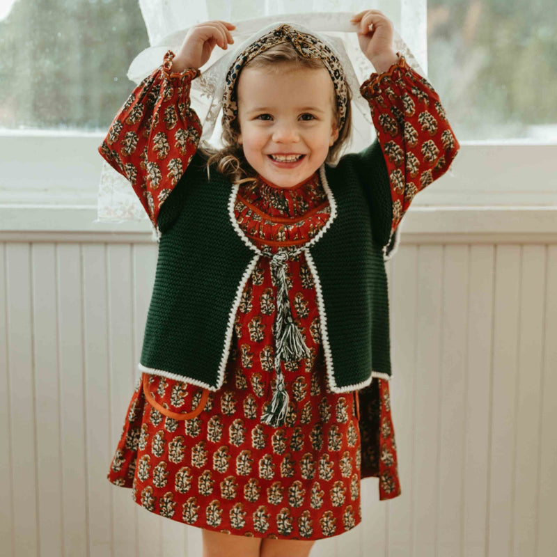 TULIP DRESS, RED BLOCK PRINT