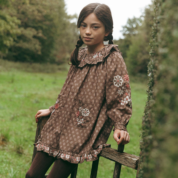 BELLE DRESS, BROWN BLOCK PRINT