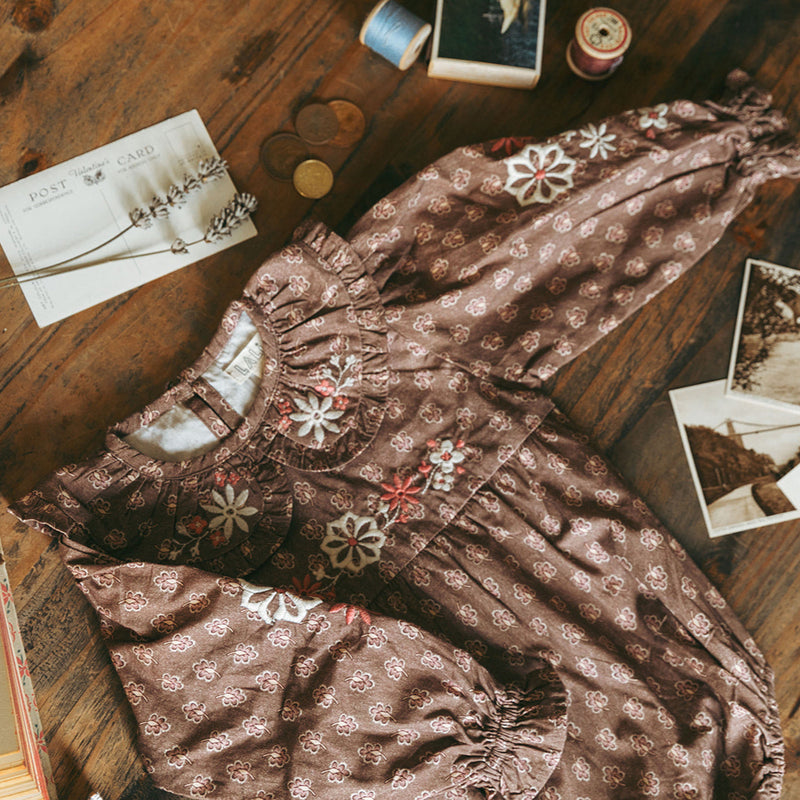 LITTLE BELLE ROMPER, BROWN BLOCK PRINT