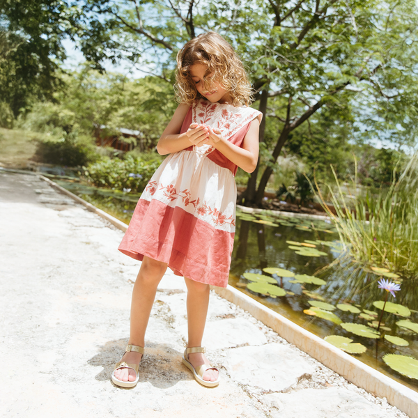 VIVI DRESS, BRICK RED LINEN & PALE PINK 4 (39-42 inches)