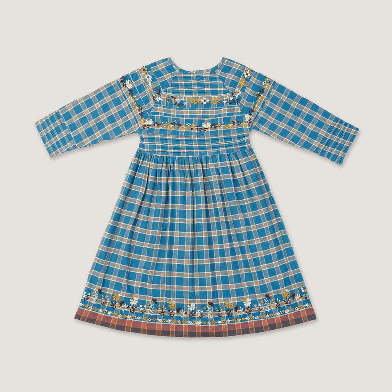 AVA DRESS, AZURE PLAID WITH EMBROIDERY