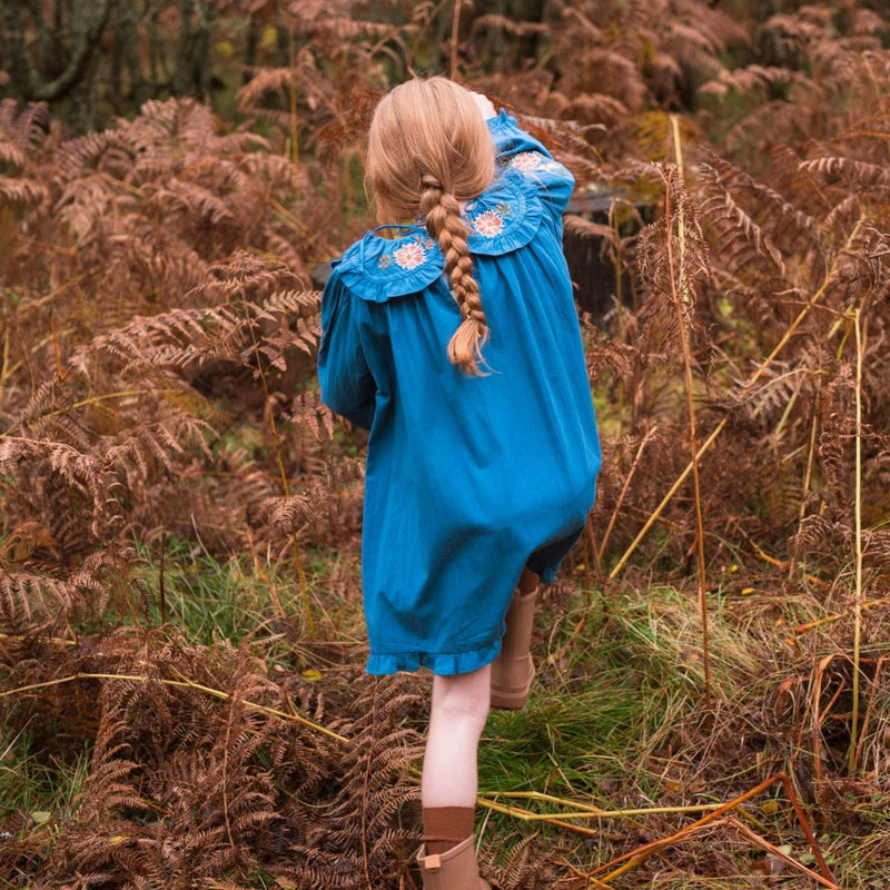 BELLE DRESS, AZURE WITH EMBROIDERY