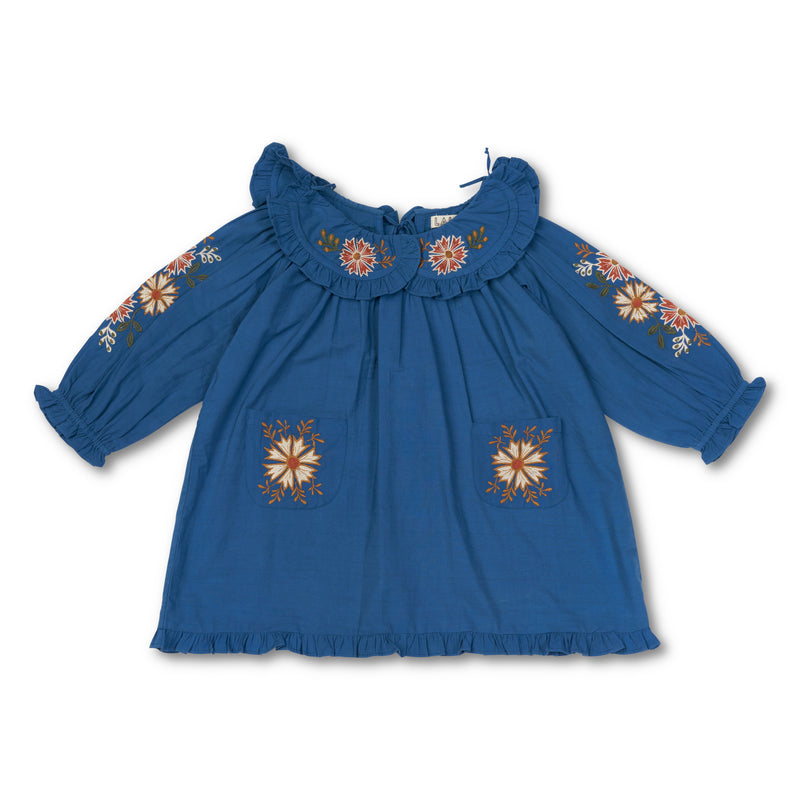 BELLE DRESS, AZURE WITH EMBROIDERY