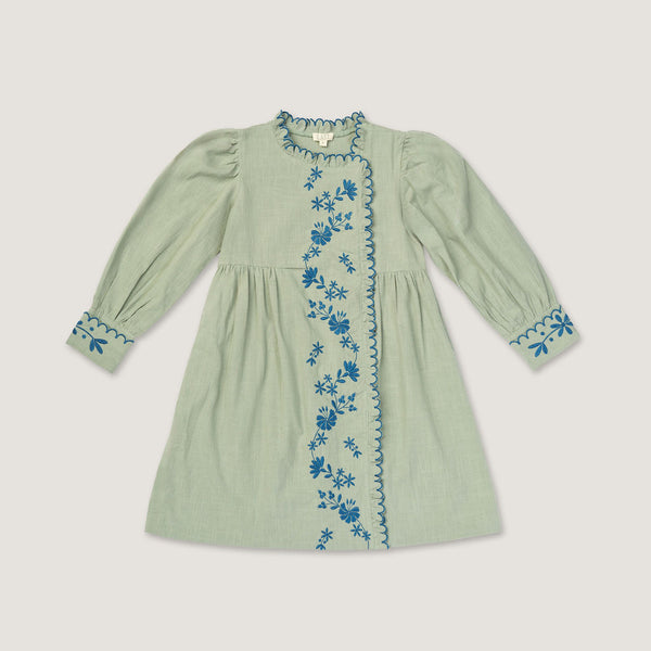 FLORENCE DRESS, SAGE WITH EMBROIDERY