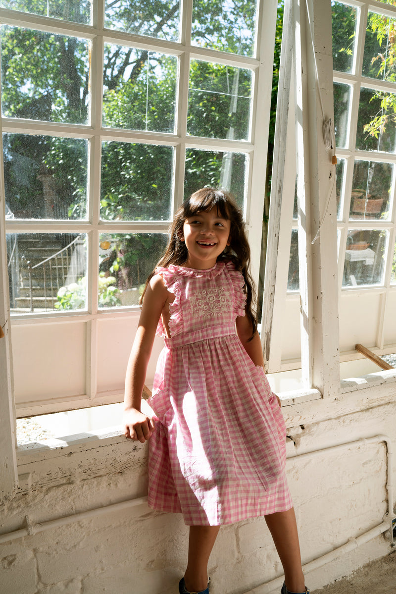 CLOVER DRESS, PINK PICNIC PLAID with EMBROIDERY