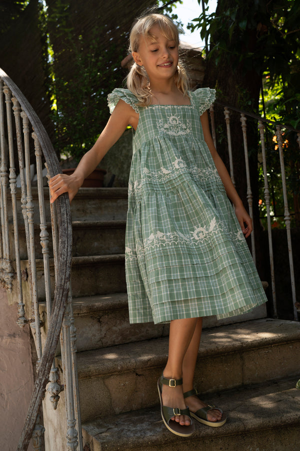 NANETTE DRESS, GARDEN PLAID WITH EMBROIDERY