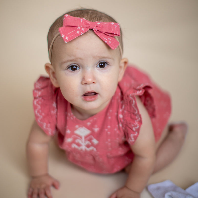 HEADBAND BOW, CORAL CROSSSTITCH