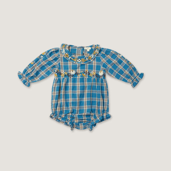 JUNIPER ROMPER, AZURE PLAID WITH EMBROIDERY