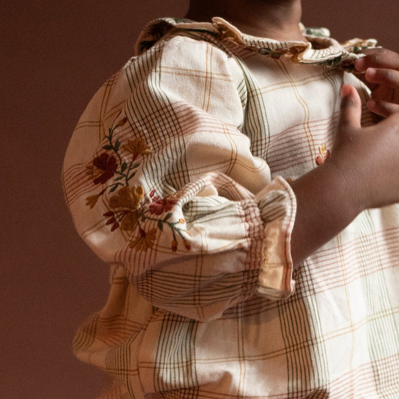 JUNIPER ROMPER, HARVEST PLAID WITH EMBROIDERY