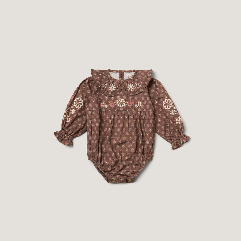 LITTLE BELLE ROMPER, BROWN BLOCK PRINT