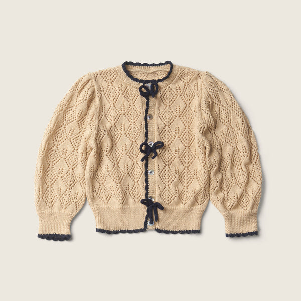 MOSS BOW CARDIGAN, IVORY & BIJOU BLUE
