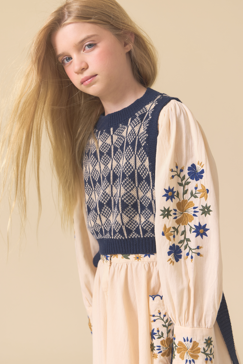 EDEN VEST, IVORY & BIJOU BLUE