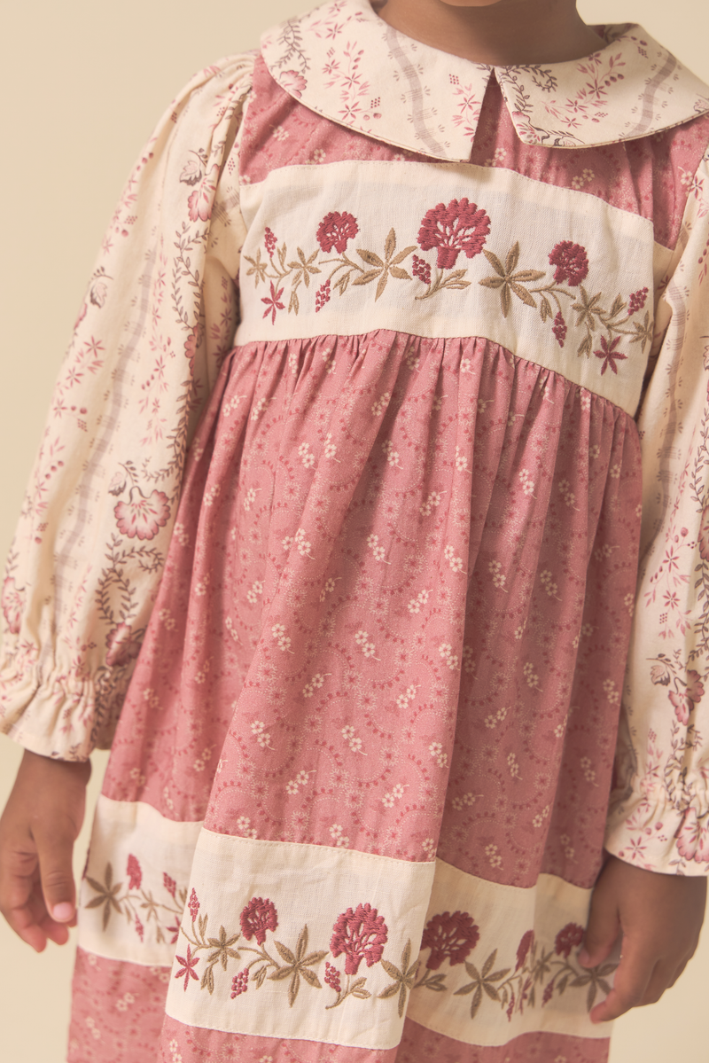LOLA DRESS, DUSTY CEDAR/FALL VINE PRINT/OLD ROSE