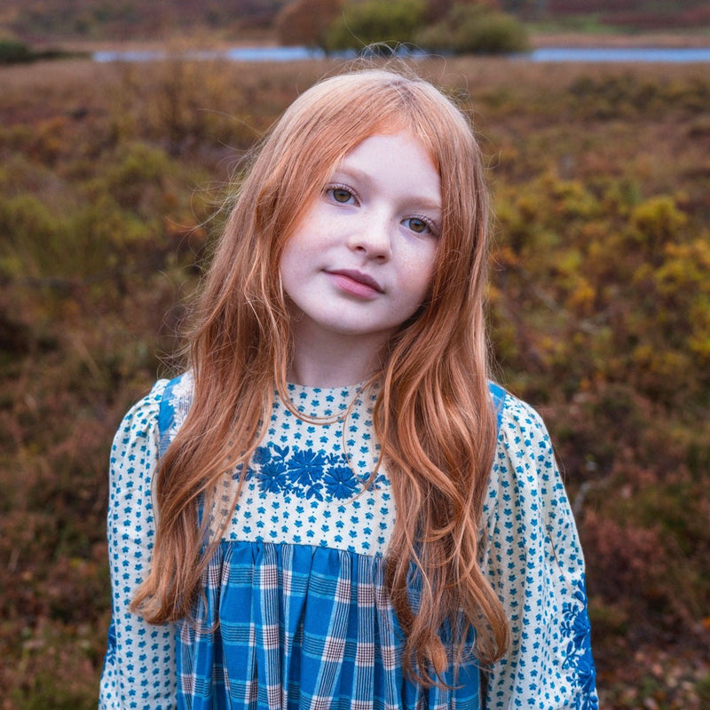 NORA DRESS, HEARTS AND AZURE PLAID WITH EMBROIDERY