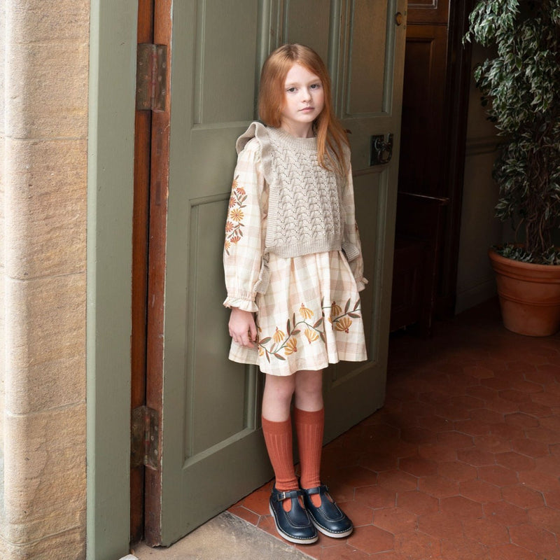 TULIP DRESS, HARVEST PLAID WITH EMBROIDERY