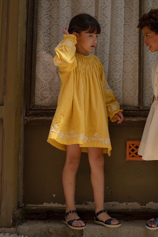 TULIP DRESS, MISTED YELLOW with EMBROIDERY