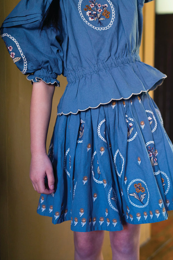 TWIRLY SKIRT, BLUE EMBROIDERY