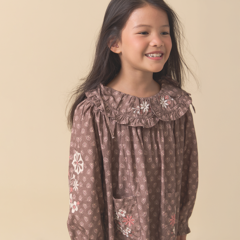BELLE DRESS, BROWN BLOCK PRINT