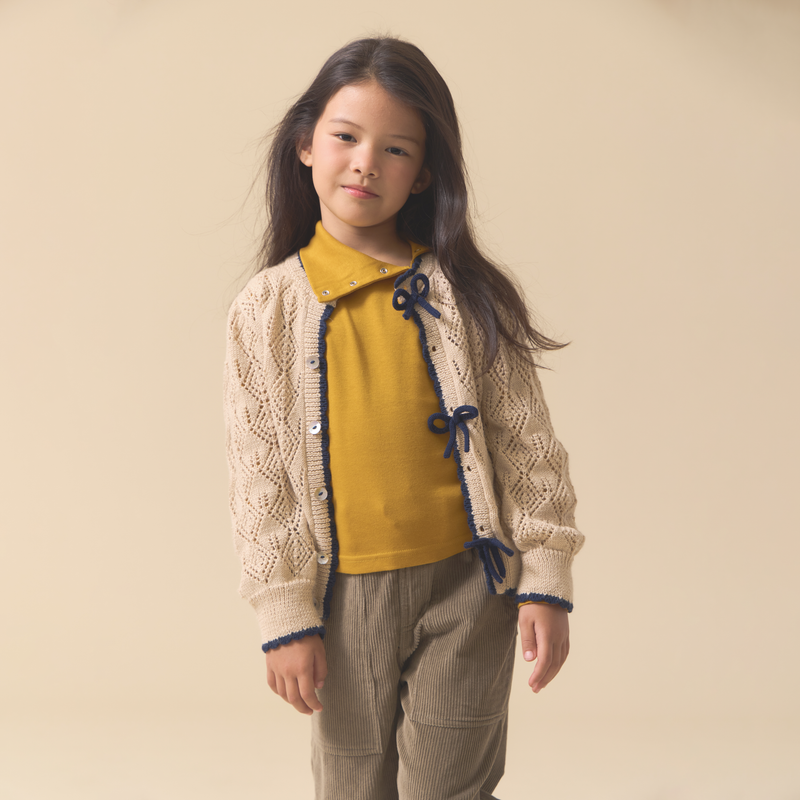 MOSS BOW CARDIGAN, IVORY & BIJOU BLUE