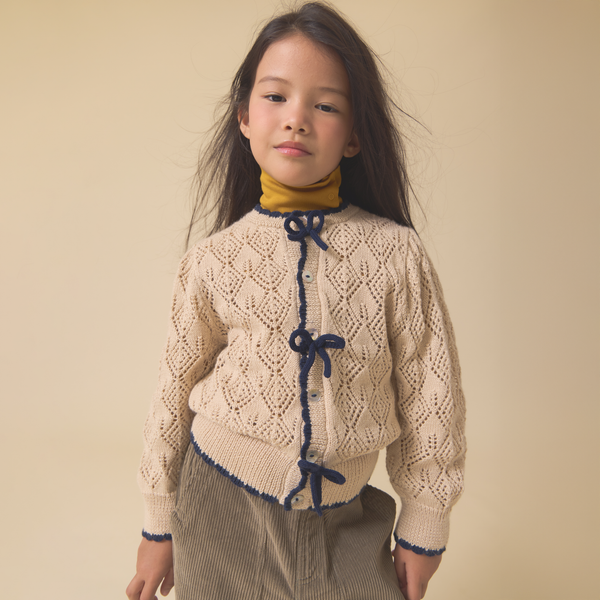 MOSS BOW CARDIGAN, IVORY & BIJOU BLUE