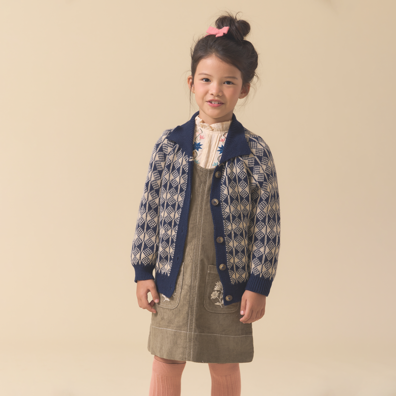 ROWAN CARDIGAN, IVORY & BIJOU BLUE