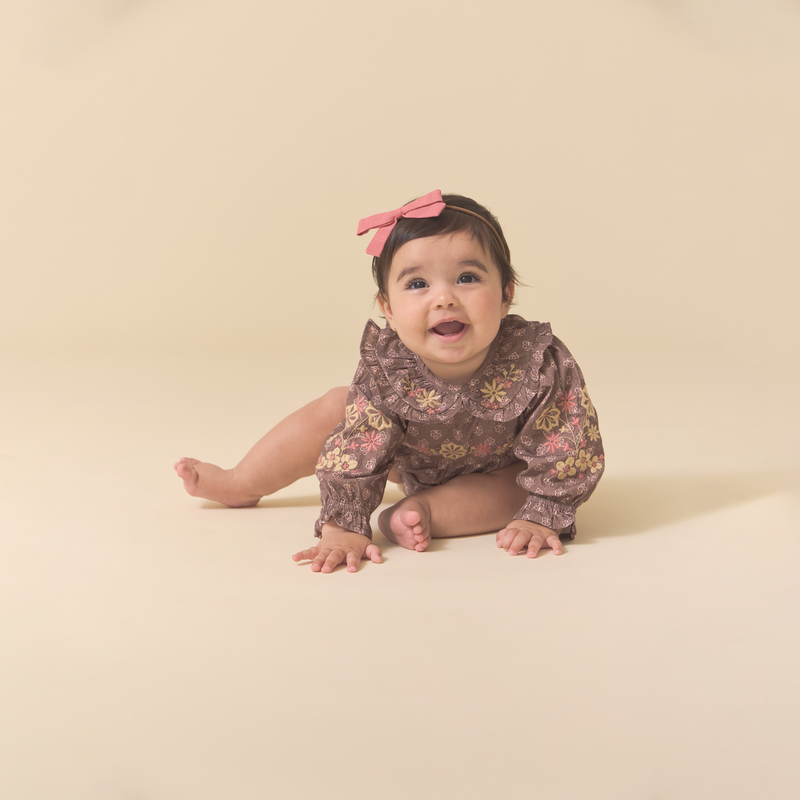 LITTLE BELLE ROMPER, BROWN BLOCK PRINT