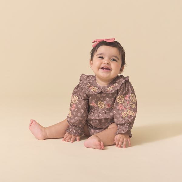 LITTLE BELLE ROMPER, BROWN BLOCK PRINT
