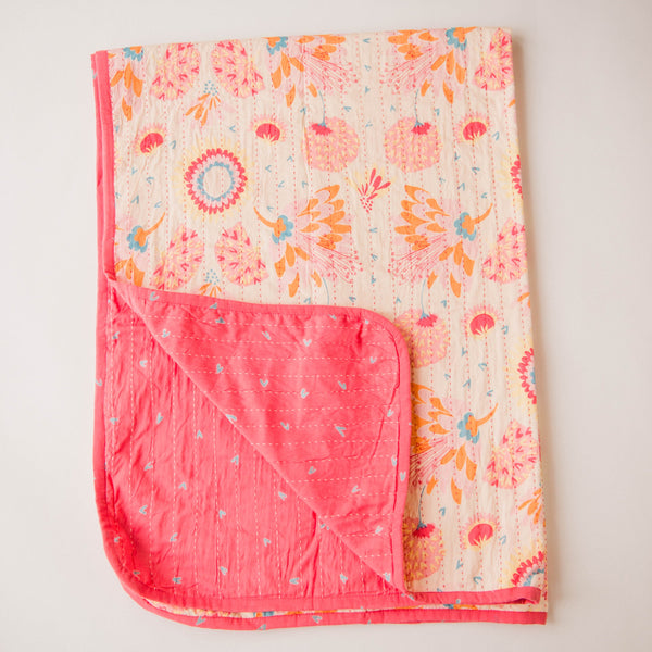 KANTHA QUILT, PINK FLOWER PRINT