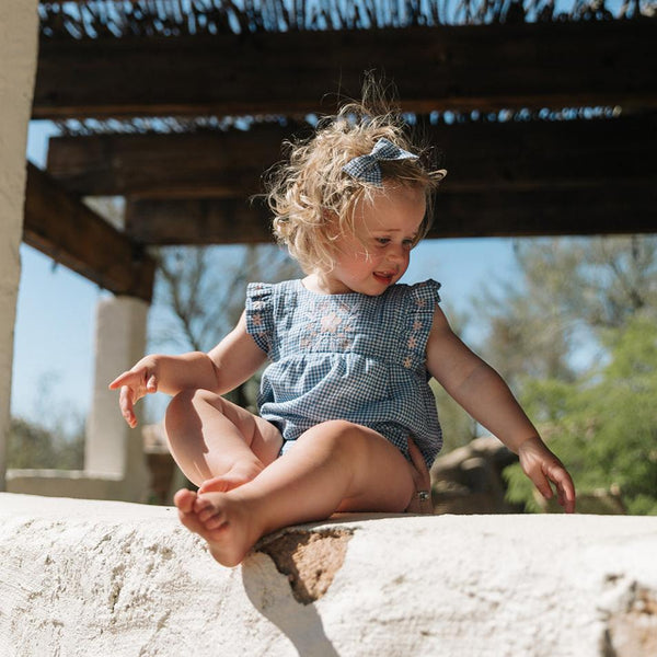 FLORA ROMPER, BLUE GINGHAM YARN DYE