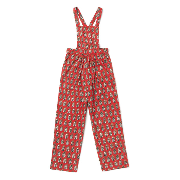 QUILTED OVERALLS, RED BLOCK PRINT