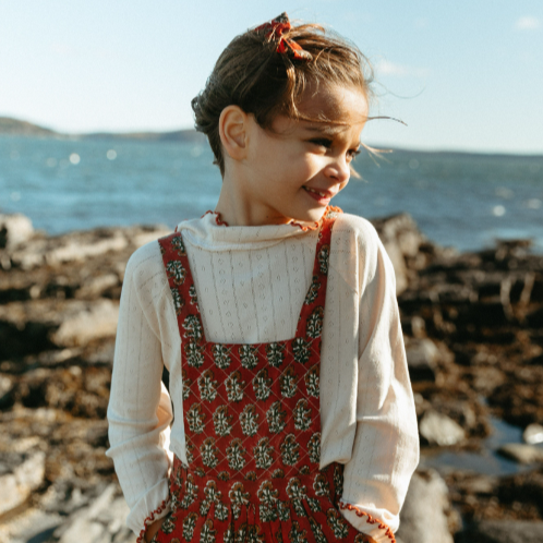 QUILTED OVERALLS, RED BLOCK PRINT